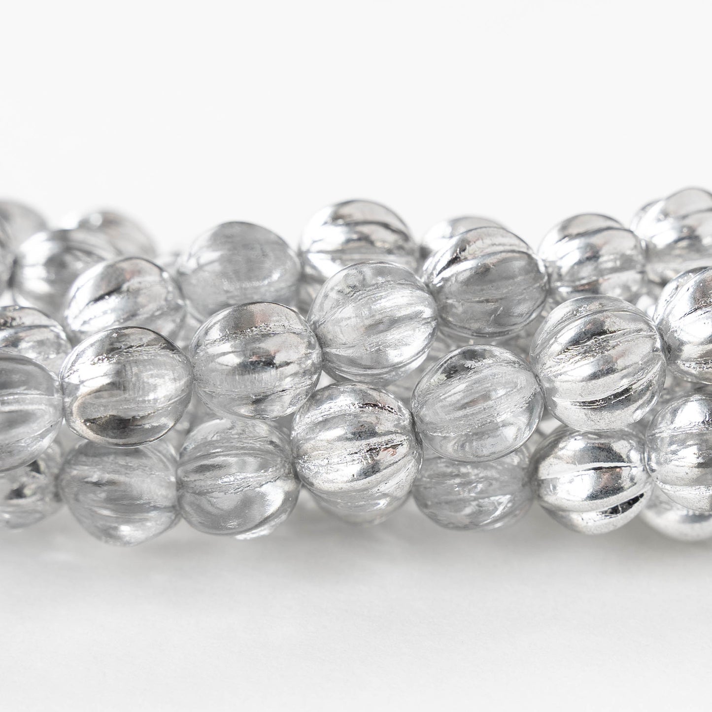 10mm Glass Melon Bead - Crystal with Silver - 10 or 20 beads