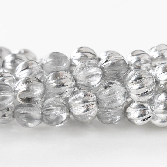 10mm Glass Melon Bead - Crystal with Silver - 10 or 20 beads