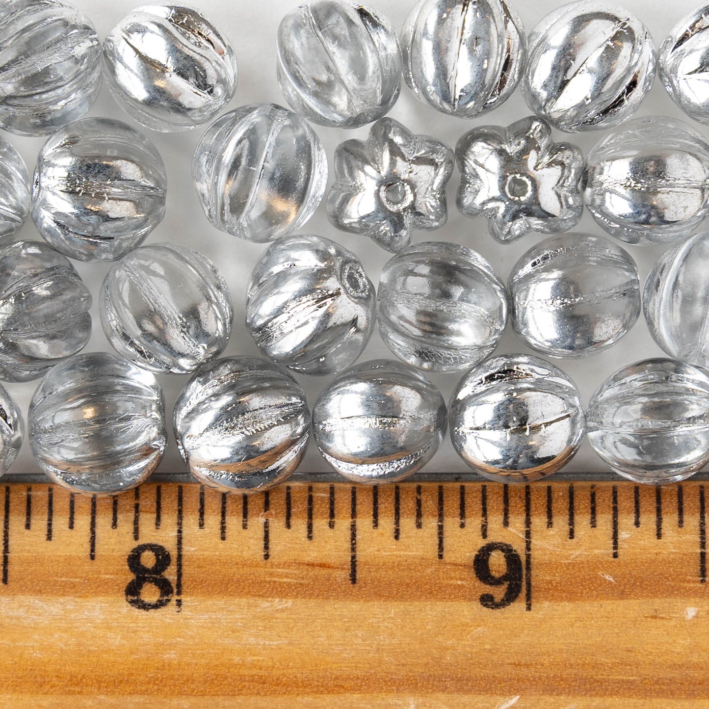 10mm Glass Melon Bead - Crystal with Silver - 10 or 20 beads
