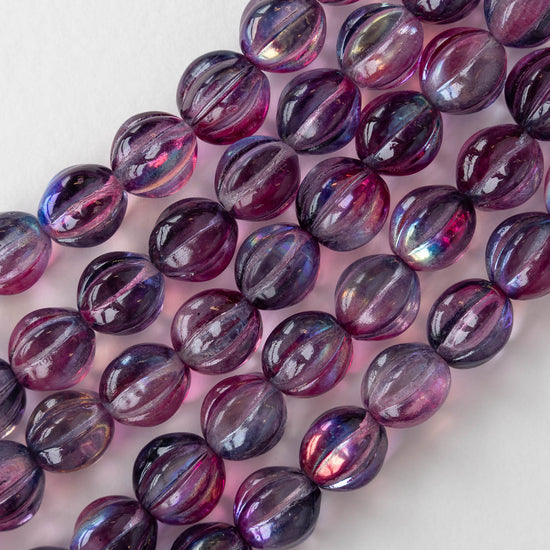 10mm Glass Melon Bead - Transparent Purple AB - 20 Beads