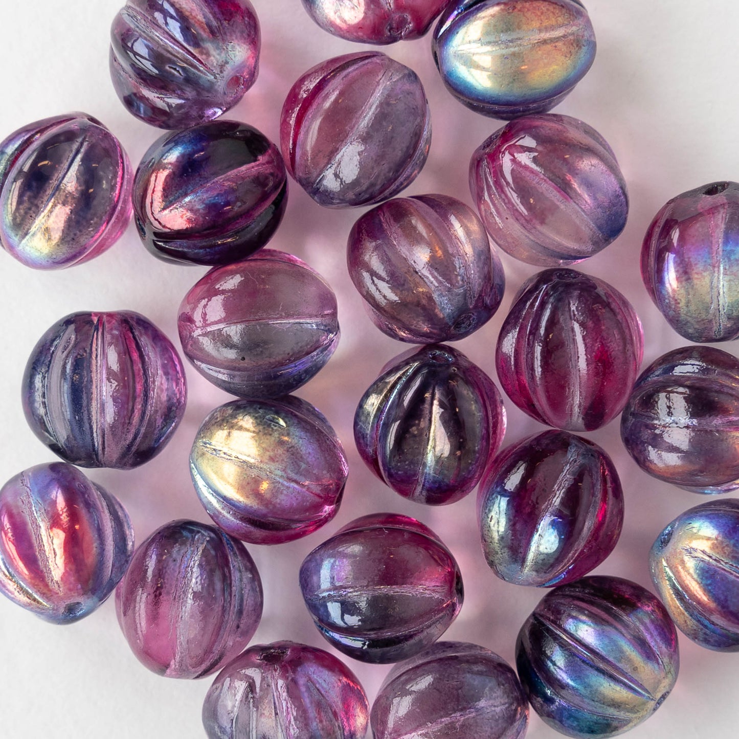 10mm Glass Melon Bead - Transparent Purple AB - 20 Beads