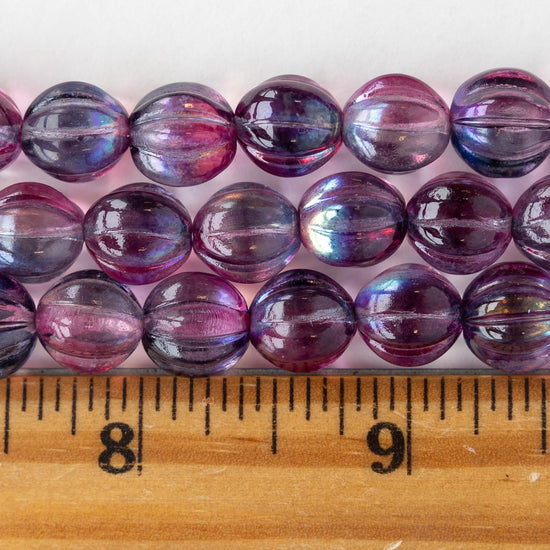 10mm Glass Melon Bead - Transparent Purple AB - 20 Beads