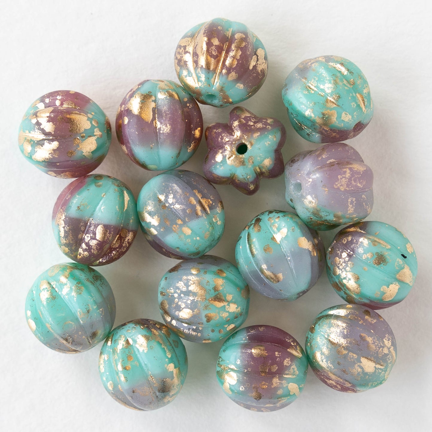 10mm Glass Melon Bead - Opaque Seafoam Pink with Gold Dust - 15 Beads