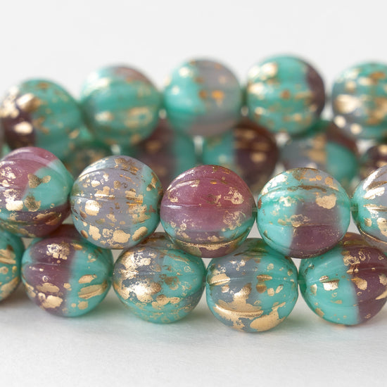 10mm Glass Melon Bead - Opaque Seafoam Pink with Gold Dust - 15 Beads