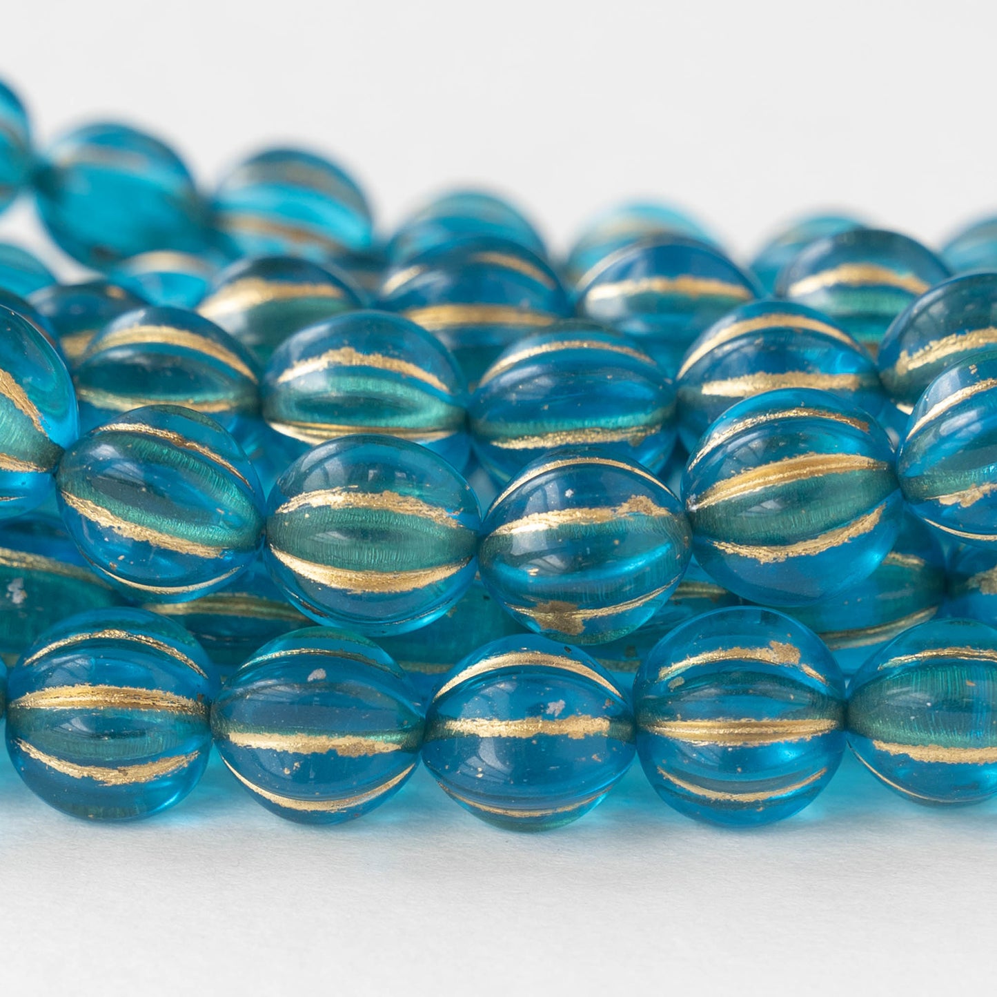 10mm Glass Melon Beads - Teal with Gold Wash - 25 beads