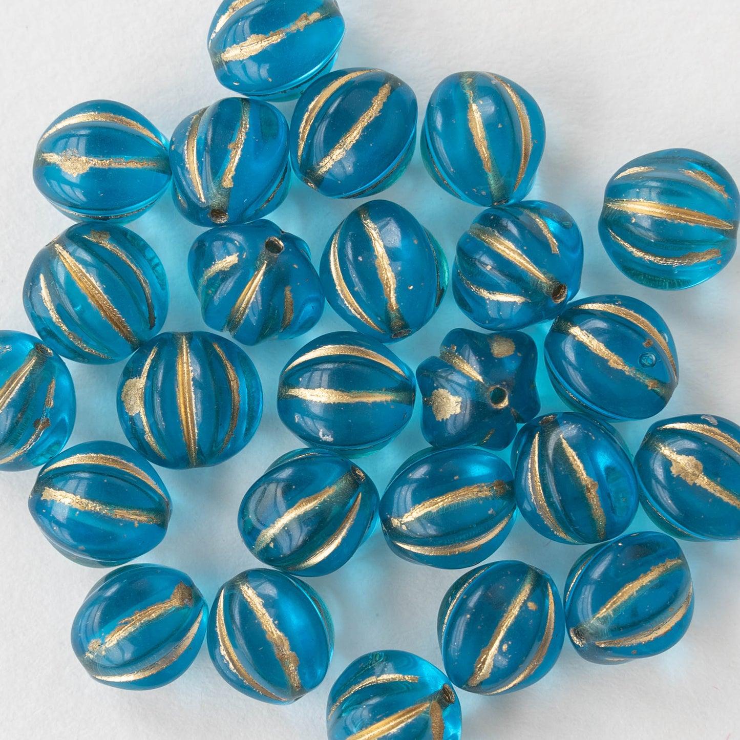 10mm Glass Melon Beads - Teal with Gold Wash - 25 beads