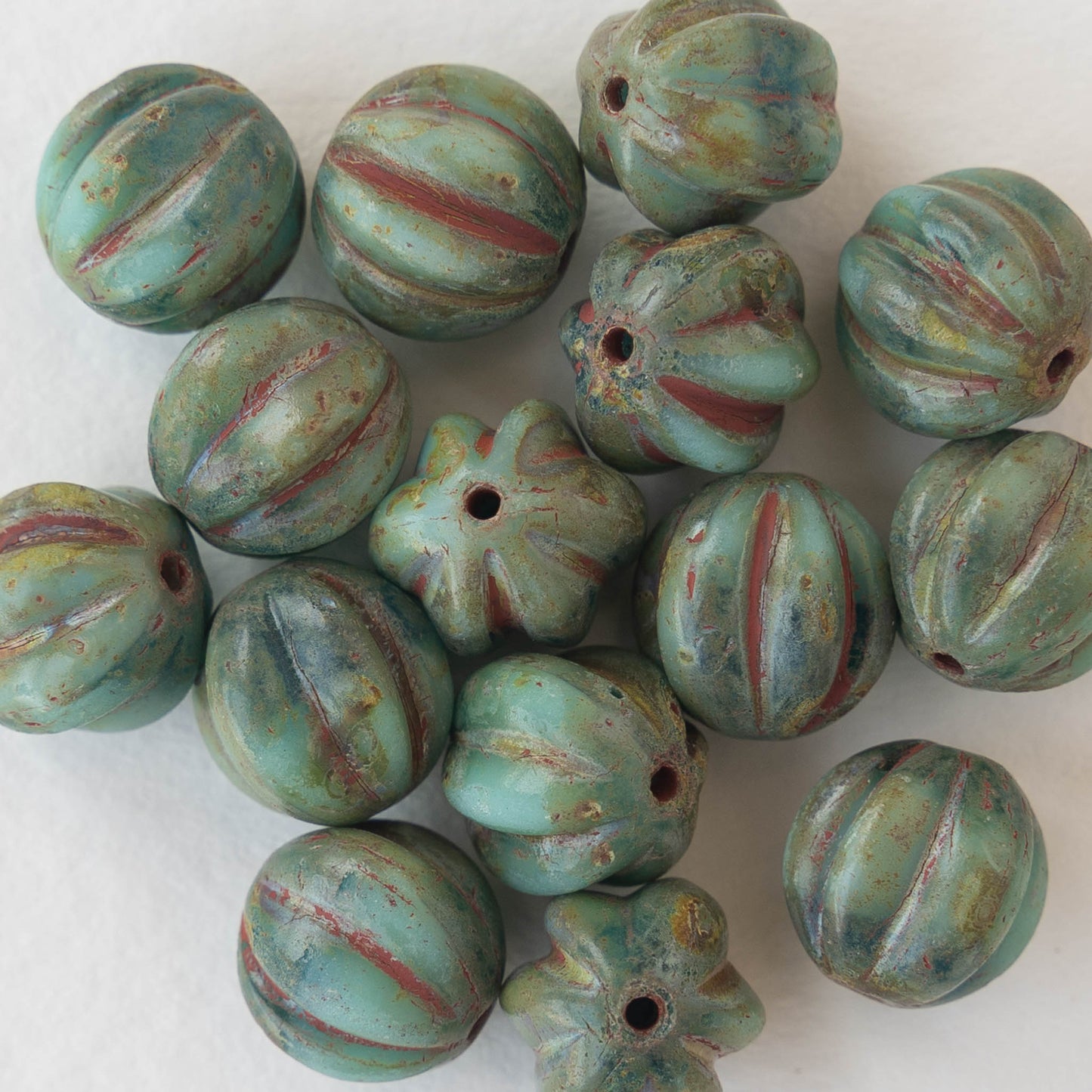 8mm Melon Beads - Opaque Turquoise Picasso - 20 Beads