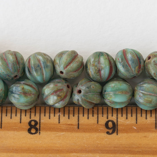 8mm Melon Beads - Opaque Turquoise Picasso - 20 Beads