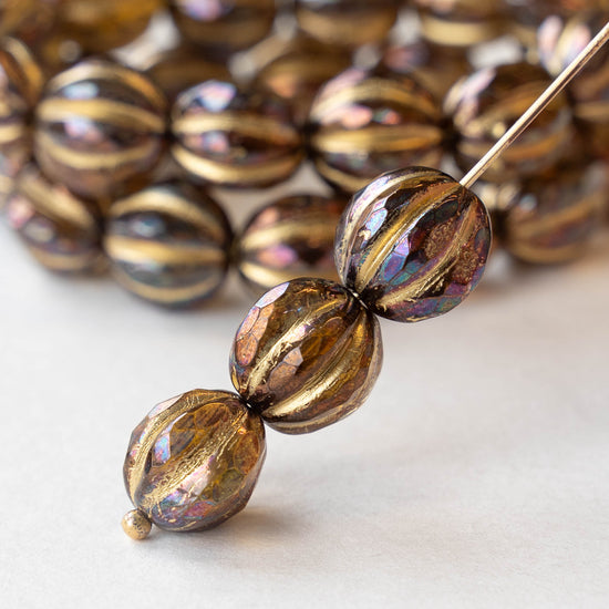 10mm Faceted Round Melon Beads -  Amber with Bronze Luster Gold Wash - 6 beads