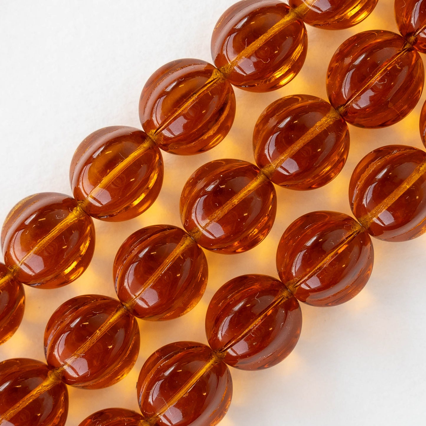 10mm Glass Melon Beads - Amber - 20 Beads