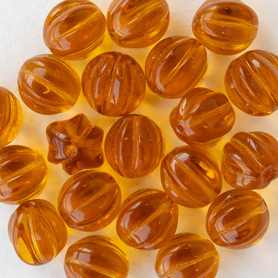 10mm Glass Melon Beads - Amber - 20 Beads