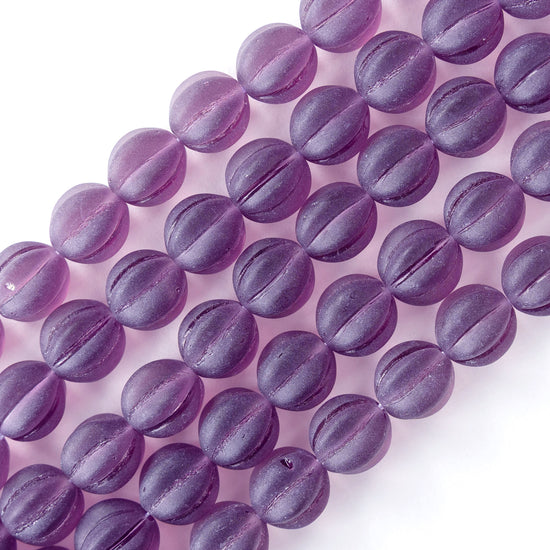 10mm Glass Melon Bead - Matte Amethyst - 20 Beads