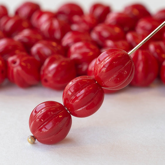 10mm Melon Bead - Opaque Red - 20 Beads