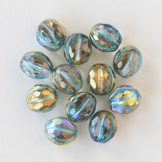 10mm Faceted Round Melon Beads - Transparent Glass with Gold Luster and Turquoise - 12 beads