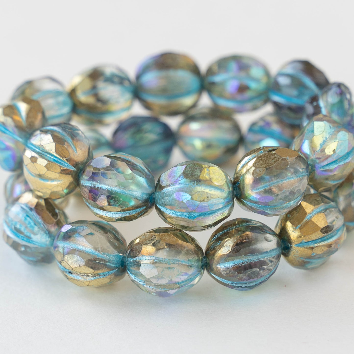 10mm Faceted Round Melon Beads - Transparent Glass with Gold Luster and Turquoise - 12 beads