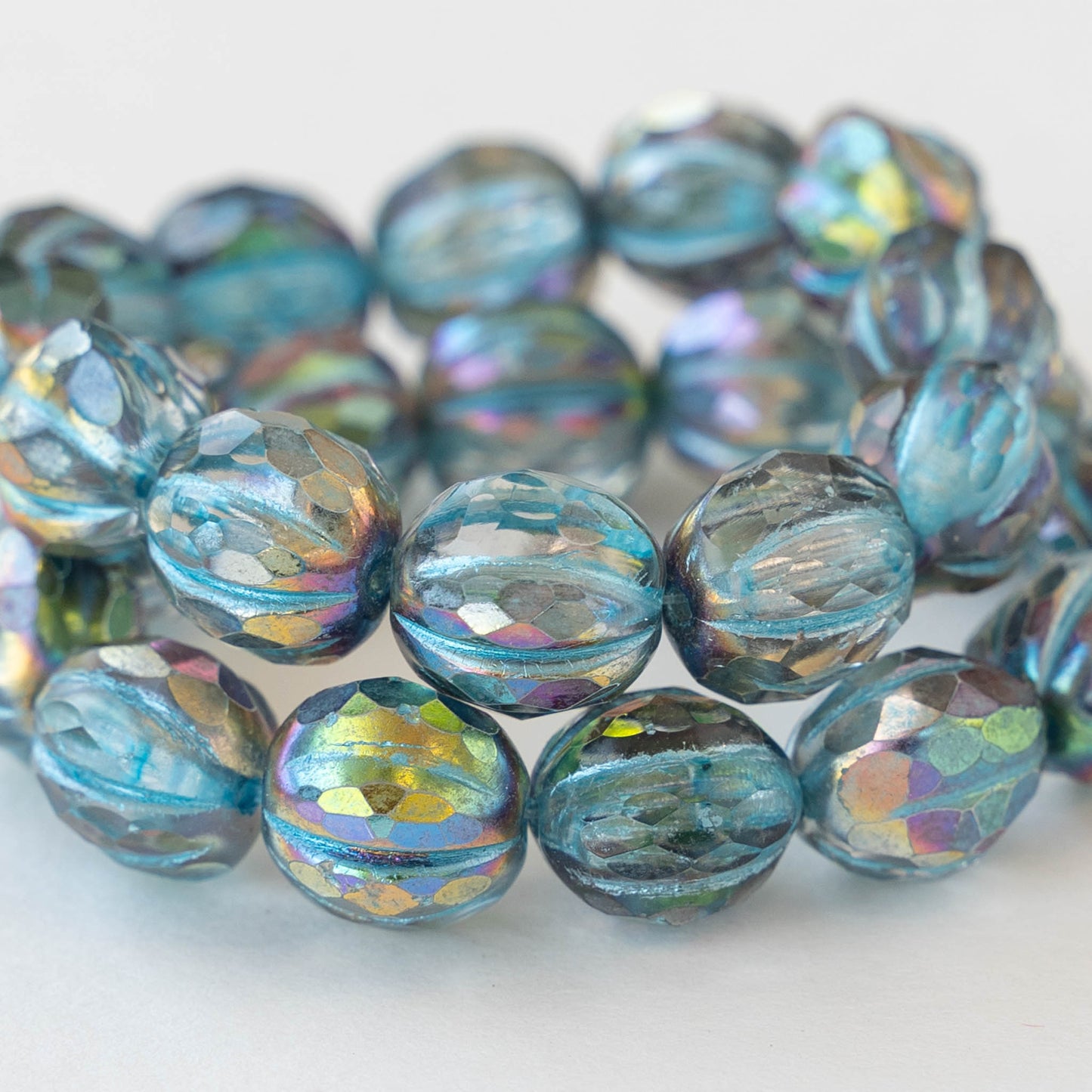 10mm Faceted Melon - Metallic Turquoise Blue AB  - 12 Beads