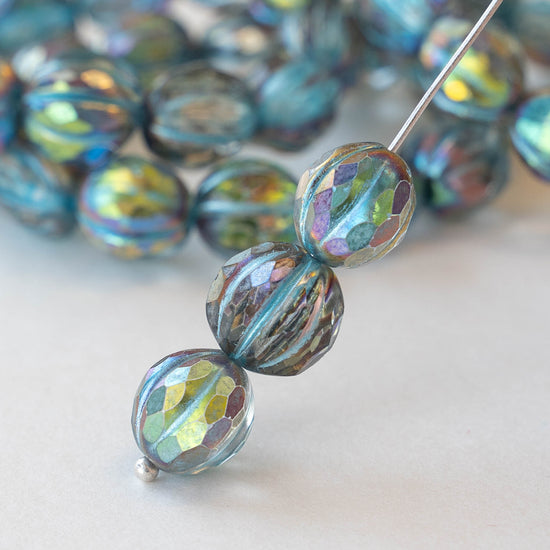 10mm Faceted Melon - Metallic Turquoise Blue AB  - 12 Beads