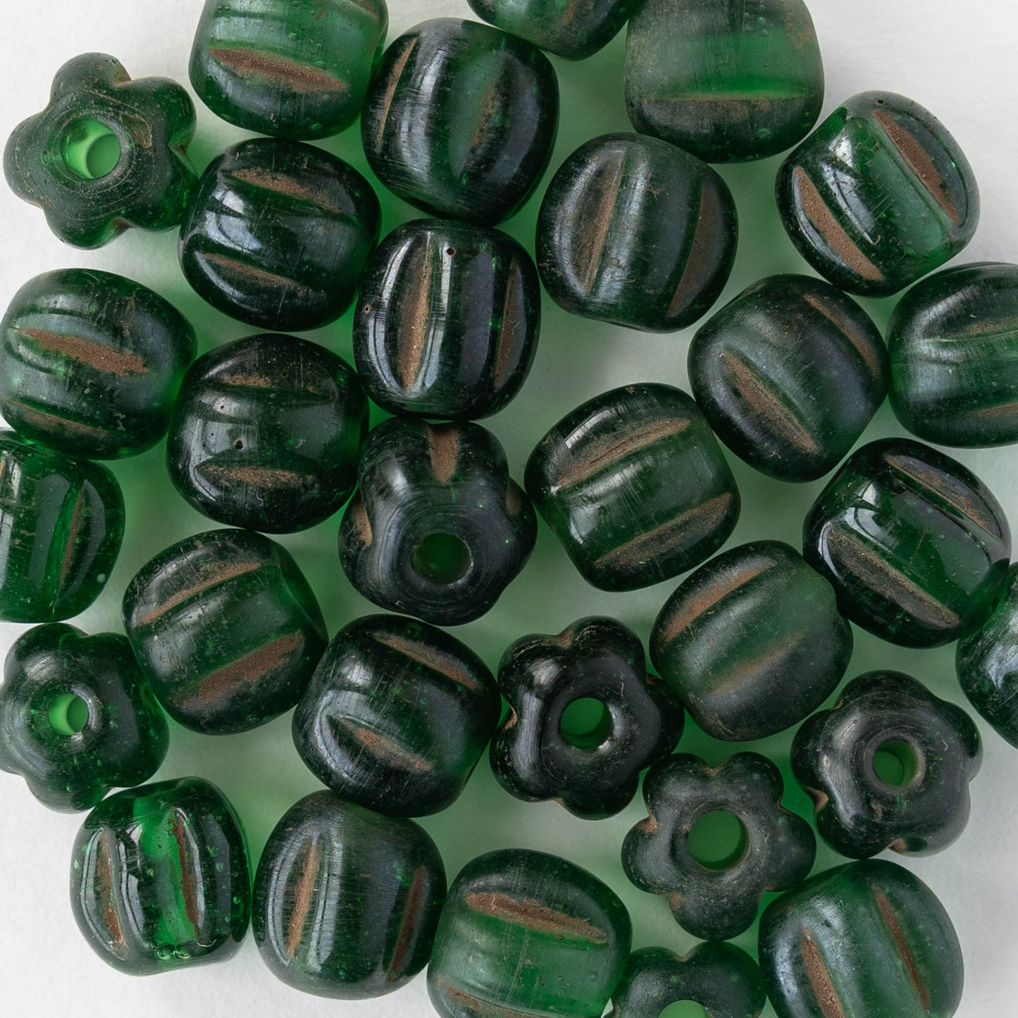 10mm Glass Pompeii Melon Beads - Dark Green - Whole or Half Strand