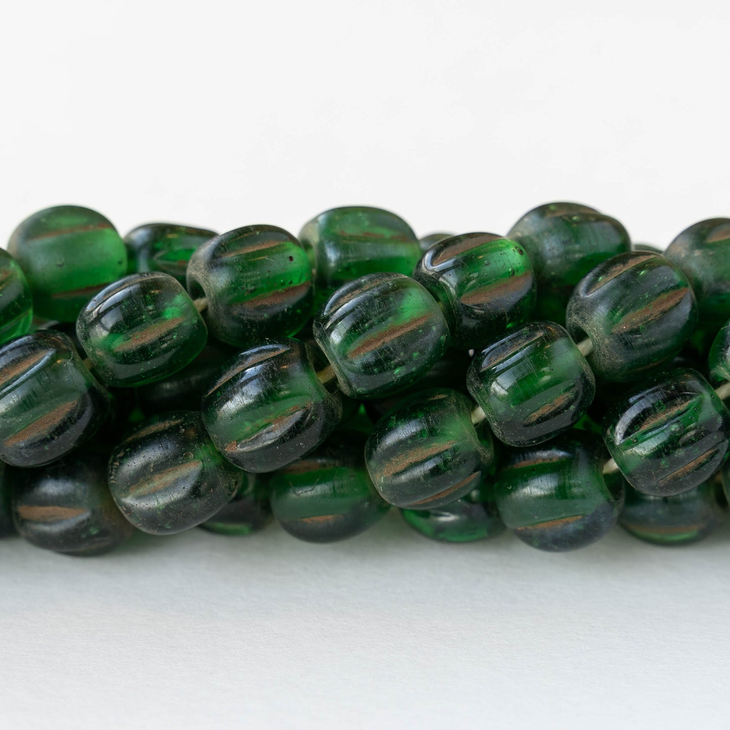 10mm Glass Pompeii Melon Beads - Dark Green - Whole or Half Strand
