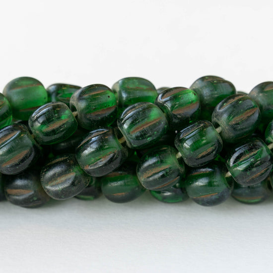 10mm Glass Pompeii Melon Beads - Dark Green - Whole or Half Strand