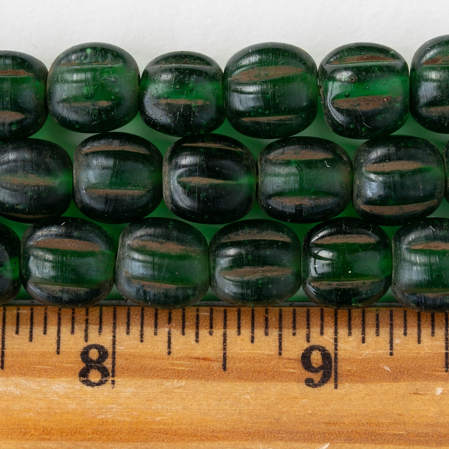 10mm Glass Pompeii Melon Beads - Dark Green - Whole or Half Strand