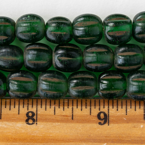 10mm Glass Pompeii Melon Beads - Dark Green - Whole or Half Strand