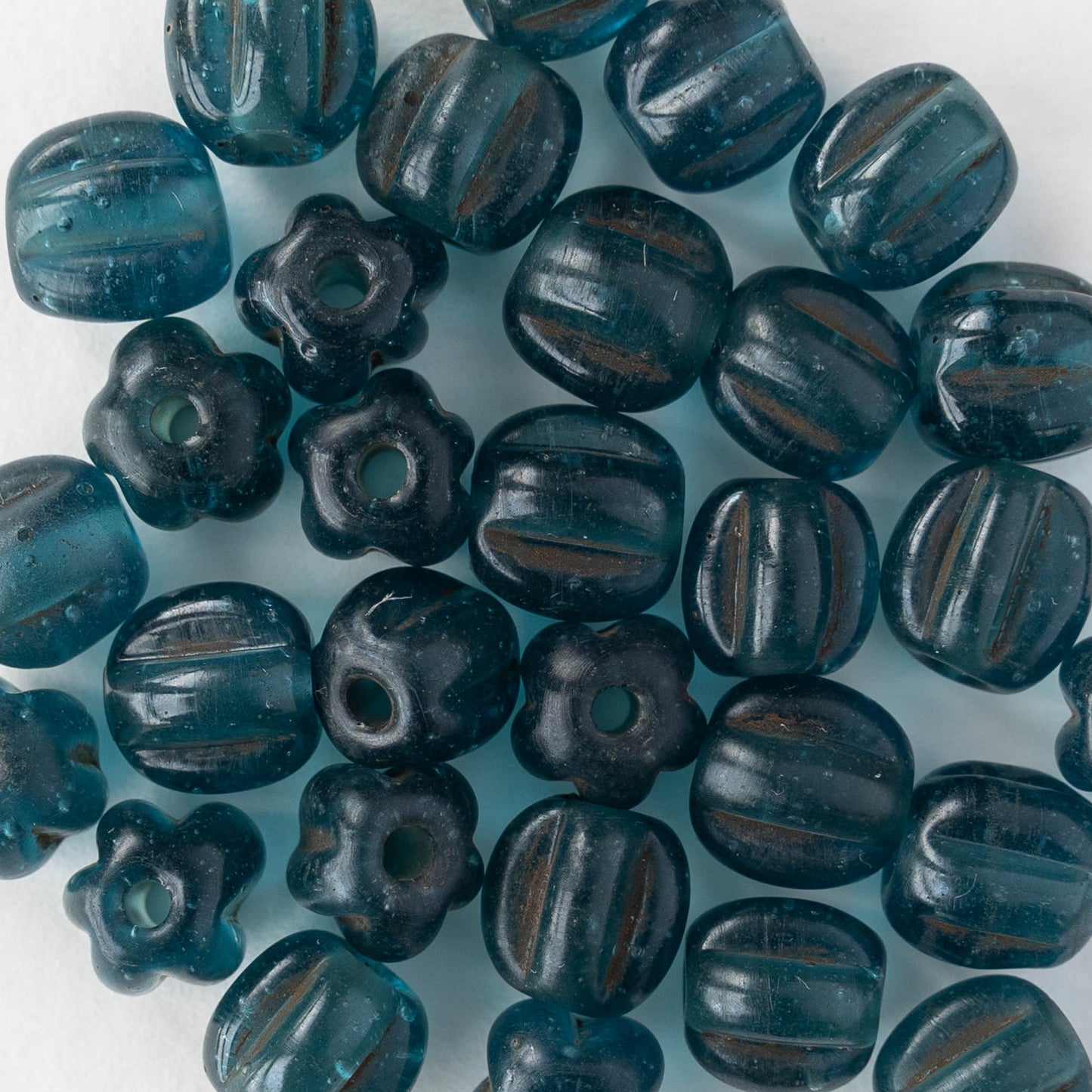 10mm Glass Pompeii Melon Beads - Dark Teal - Whole or Half Strand