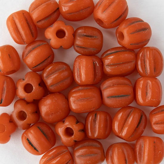 10mm Glass Pompeii Melon Beads - Orange - Whole or Half Strand