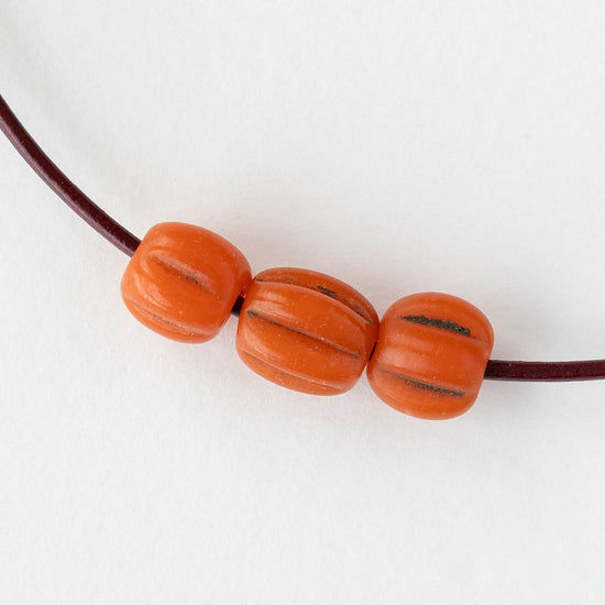 10mm Glass Pompeii Melon Beads - Orange - Whole or Half Strand