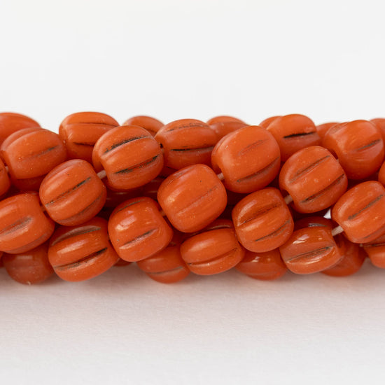 10mm Glass Pompeii Melon Beads - Orange - Whole or Half Strand