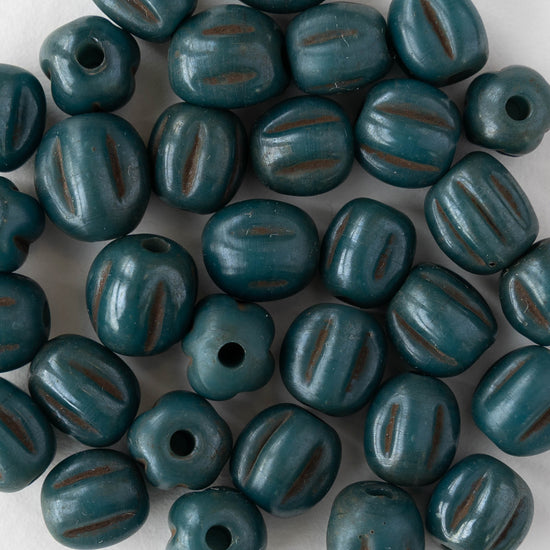 10mm Glass Pompeii Melon Beads - Teal - Whole or Half Strand