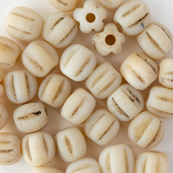 10mm Glass Pompeii Melon Beads - Ivory White - Whole or Half Strand