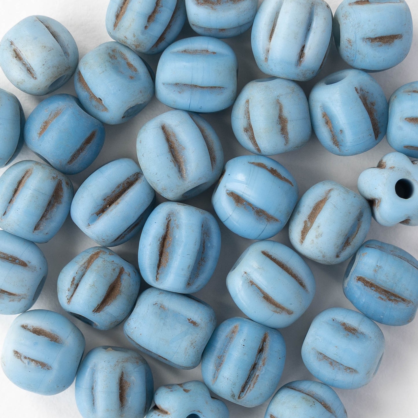 10mm Glass Pompeii Melon Beads - Light Blue - Whole or Half Strand