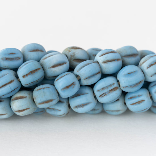 10mm Glass Pompeii Melon Beads - Light Blue - Whole or Half Strand