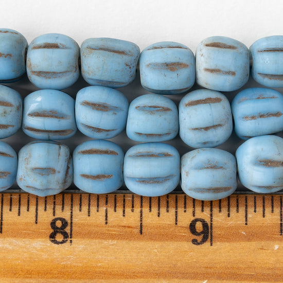 10mm Glass Pompeii Melon Beads - Light Blue - Whole or Half Strand