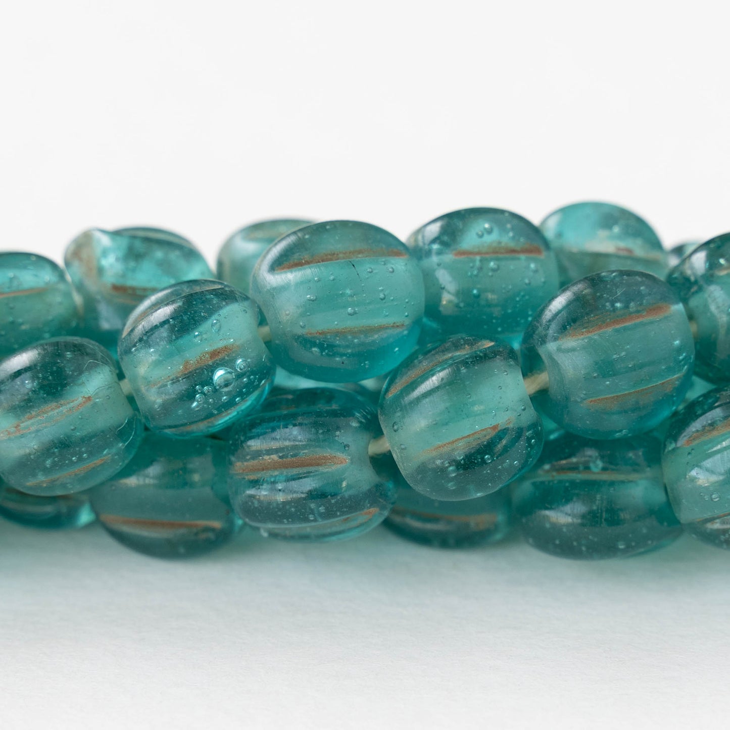 10mm Glass Pompeii Melon Beads - Teal - Whole or Half Strand