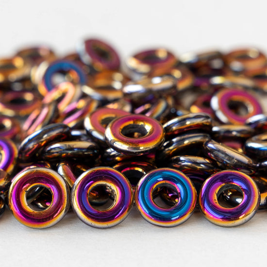 10mm Glass Ring Beads - Metallic Gold Iris - 20 Beads