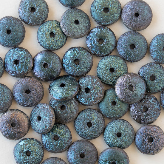 10mm Rondelle Beads - Etched Blue Metallic - 30 Beads