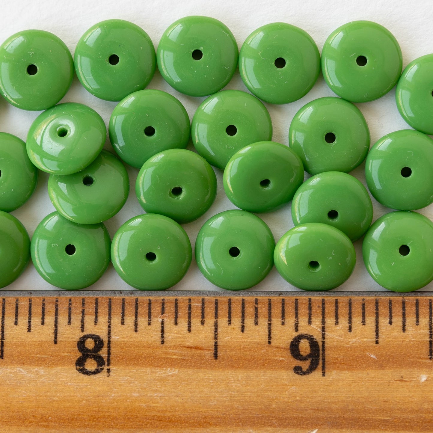 10mm Glass Rondelle Bead - Opaque Green - 30 Beads