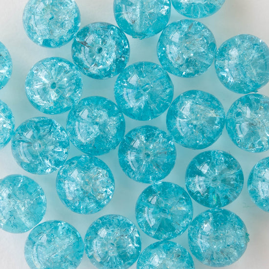 10mm Round Crackle Glass Beads - Light Aqua - 12 beads