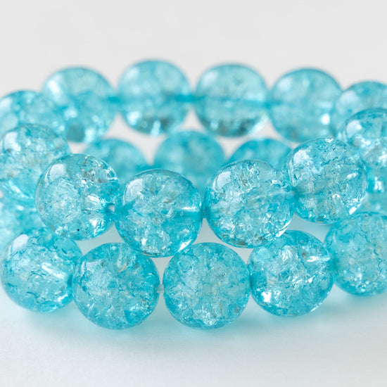 10mm Round Crackle Glass Beads - Light Aqua - 12 beads