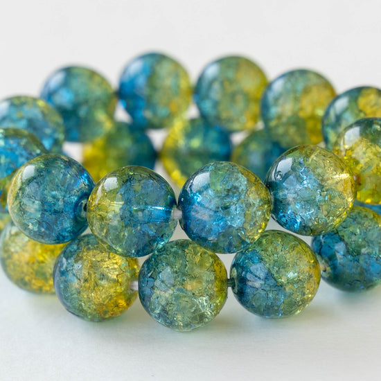 10mm Round Crackle Glass Beads - Olive Capri Blue - 30 beads