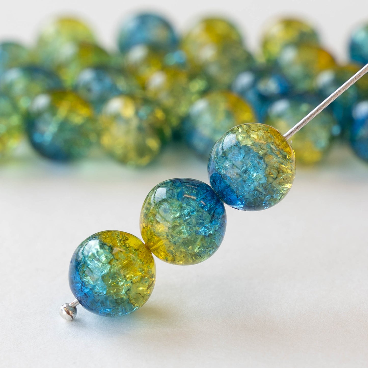 10mm Round Crackle Glass Beads - Olive Capri Blue - 30 beads