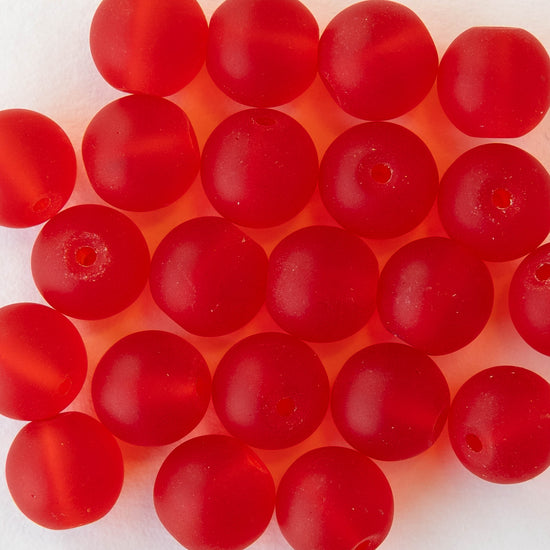 10mm Frosted Glass Rounds - Transparent Red - 21 beads