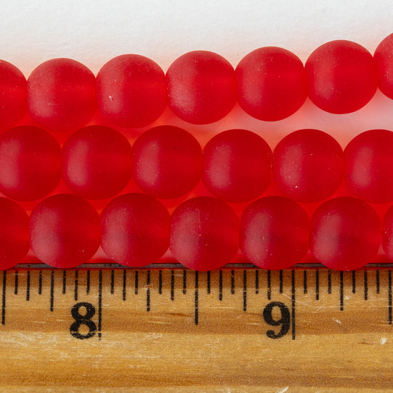 10mm Frosted Glass Rounds - Transparent Red - 21 beads