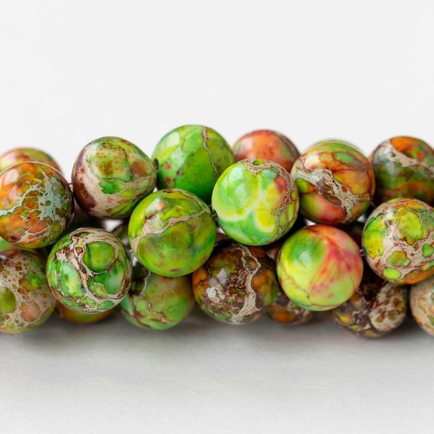 10mm Impression Jasper Round Beads - Green and Orange - 15 inch strand ~37 beads