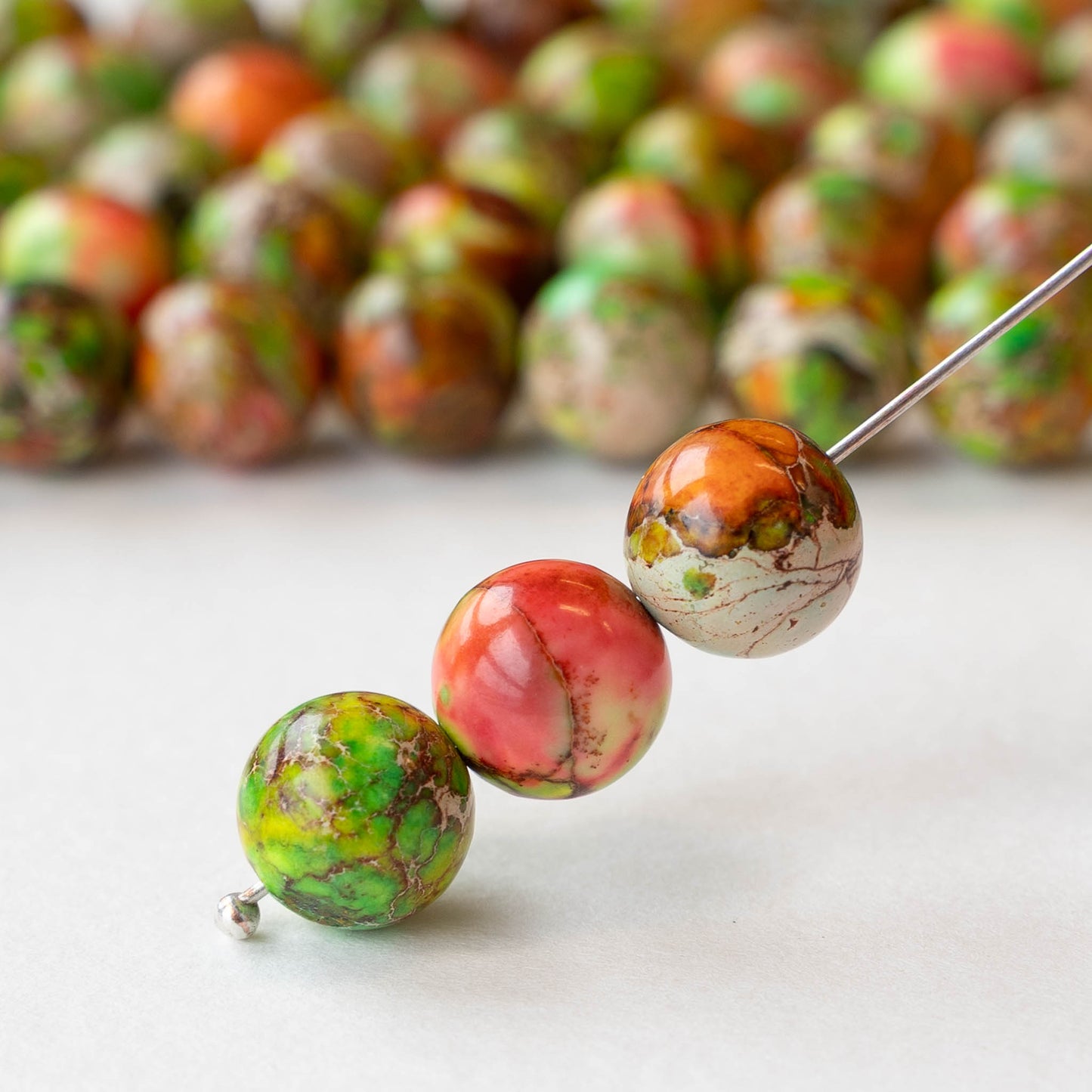 10mm Impression Jasper Round Beads - Green and Orange - 15 inch strand ~37 beads