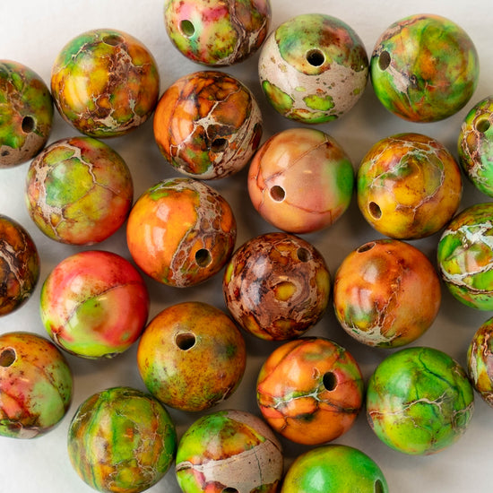10mm Impression Jasper Round Beads - Green and Orange - 15 inch strand ~37 beads