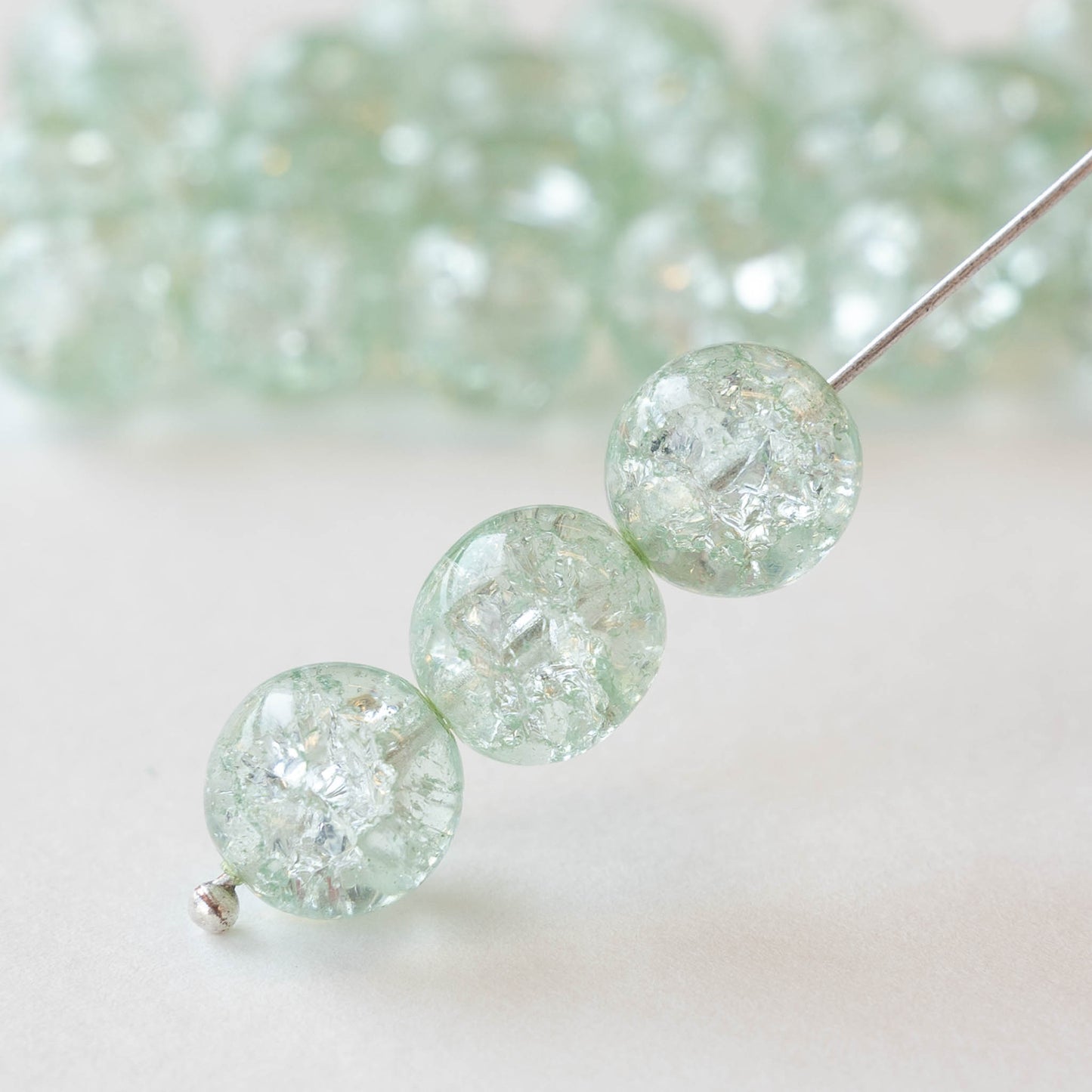 10mm Round Crackle Glass Beads - Lt. Mint Green - 12 beads