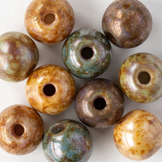10mm Round Glass Beads - Pastel Picasso Luster Mix - 10 Beads